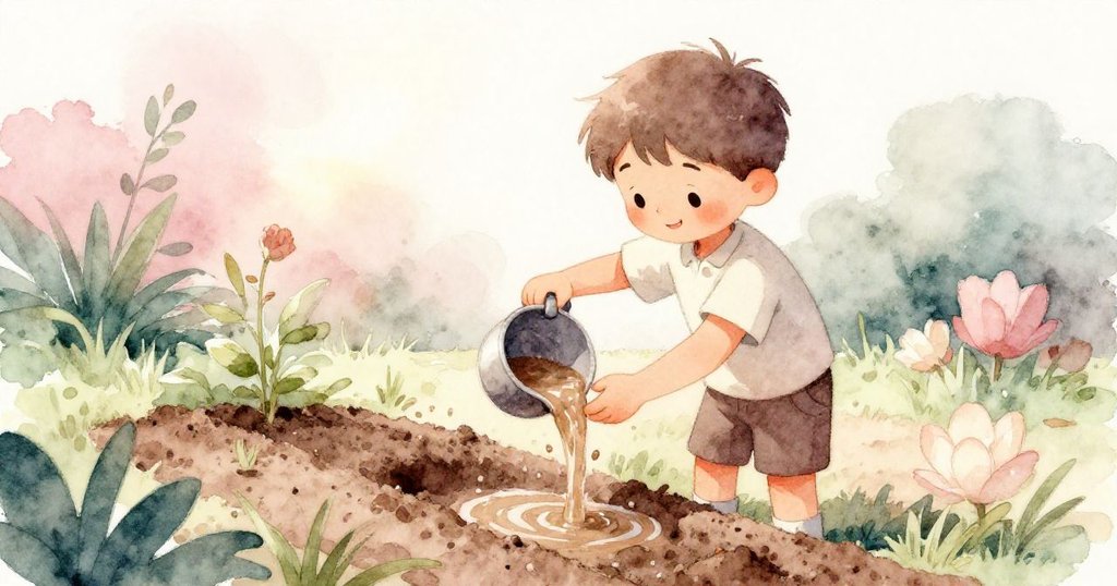 Ian俯身倒泥水於新溝渠中，陽光下土粒隨水流舞動，展現季節生長律動，畫面動感溫暖。