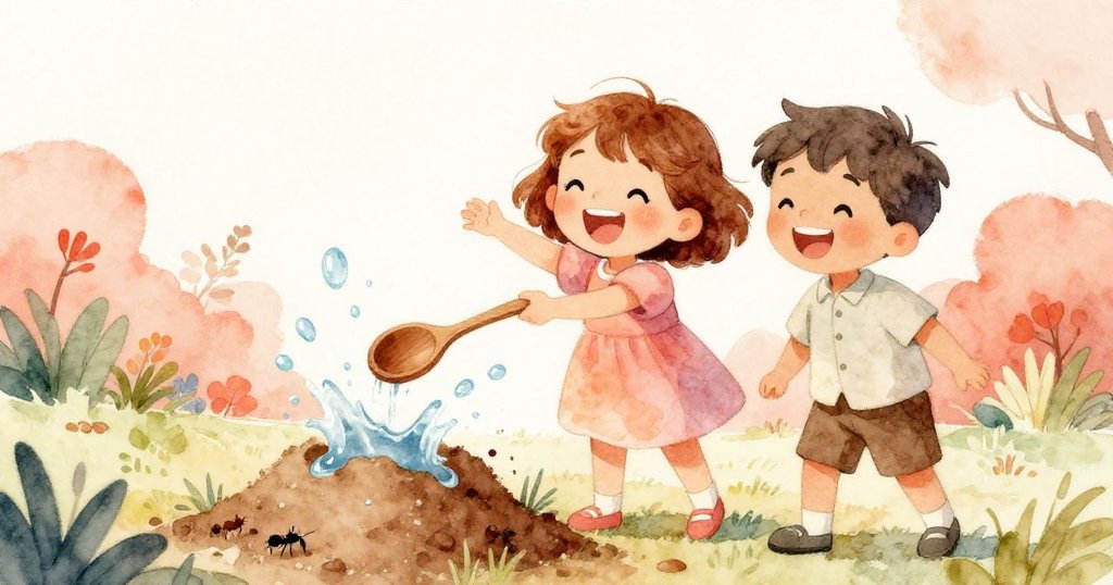 Olive與Ian歡笑慶祝湯匙翻動水花灑落螞蟻丘，花園中流動動感與歡樂情緒溢出畫面。