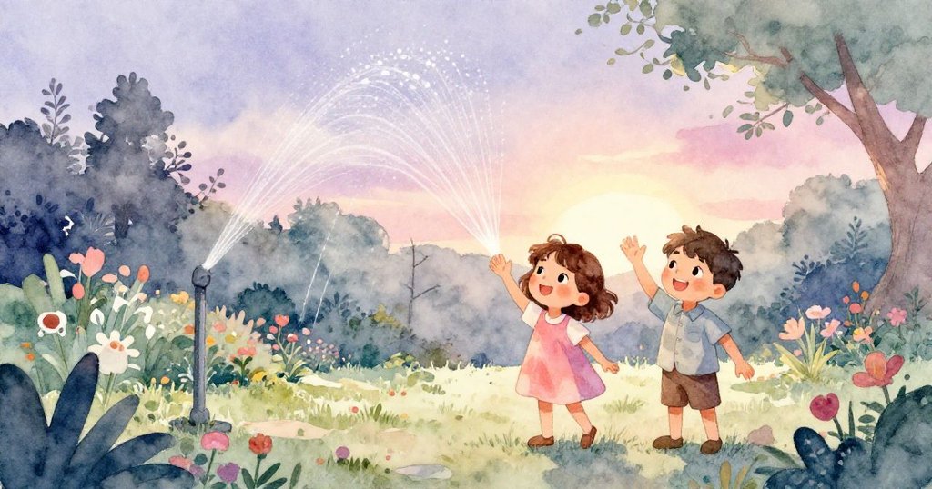 Olive與Ian在夕陽下向充滿魔法的花園揮手告別，柔風微拂、水珠閃爍，溫馨告別充滿留戀。