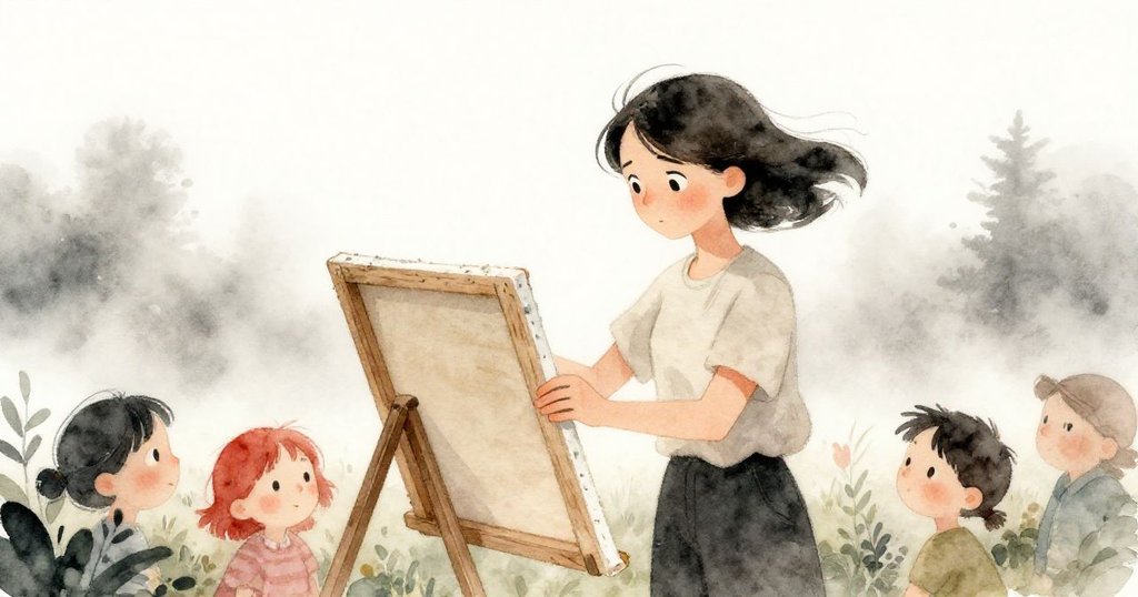 Dawn在晨霧中輕觸粗糙木框,檢查濕潤畫布,背景有遠處樹影和柔和光線,神情專注與期待。