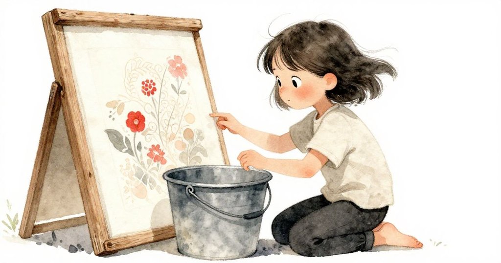 Dawn跪在木框邊,小心拉起沉重的水桶,手部細節清晰,濕潤畫布和粗糙木紋顯現,表情堅定。