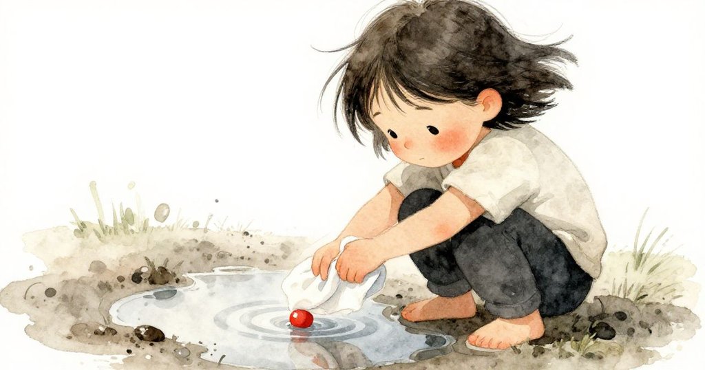 Dawn在濁水窪中看到自己深思表情,輕拭袖上的塵土,細膩倒影與柔和環境映襯出內心沉靜。