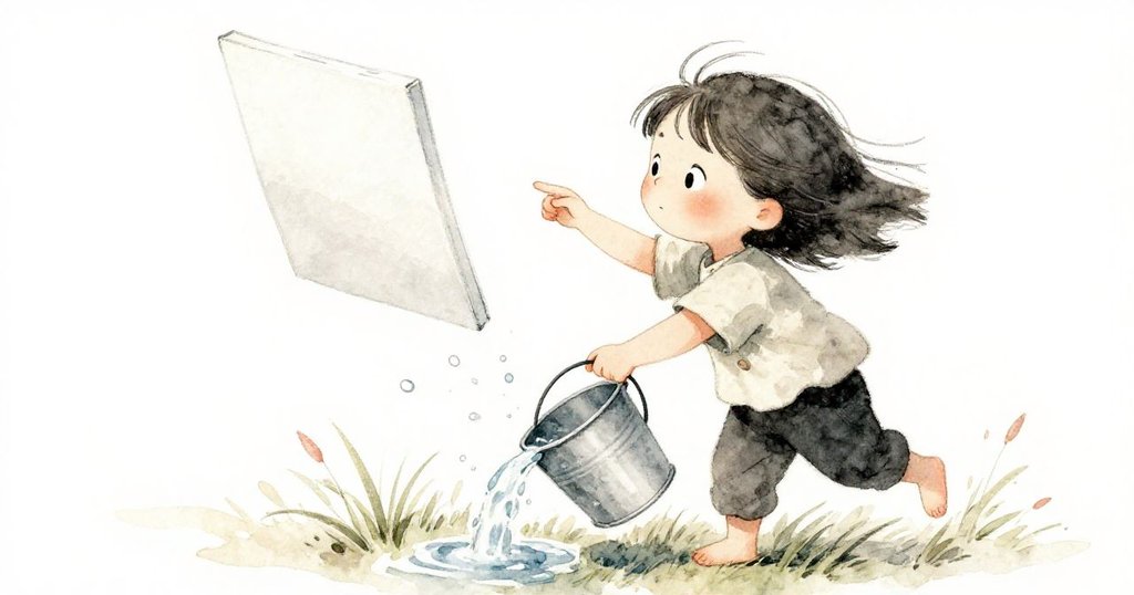 Dawn精心傾倒輕桶中的水灑在草地上,同時引導飄動畫布向上飛,展現智慧與靈活應對風勢的瞬間。