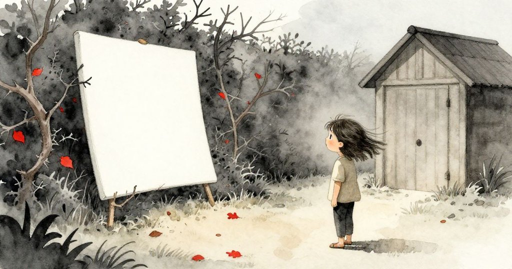 Dawn站在傍晚柔光中觀望畫布落入荊棘叢,靜謐棚子背景襯托她內心平靜與驚奇,樹葉隨風飄散。