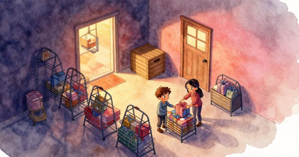 Joel與Sara在地庫中整理慈善禮物，從高處俯瞰排列整齊的金屬架與木箱，臉上充滿專注與熱情，環境散發溫暖光輝。