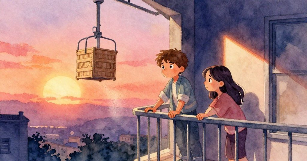 從高處俯瞰地下室，Joel與Sara在窗邊整理物品，木箱旁塵埃輕揚，光影交錯中流露出堅定與從容。