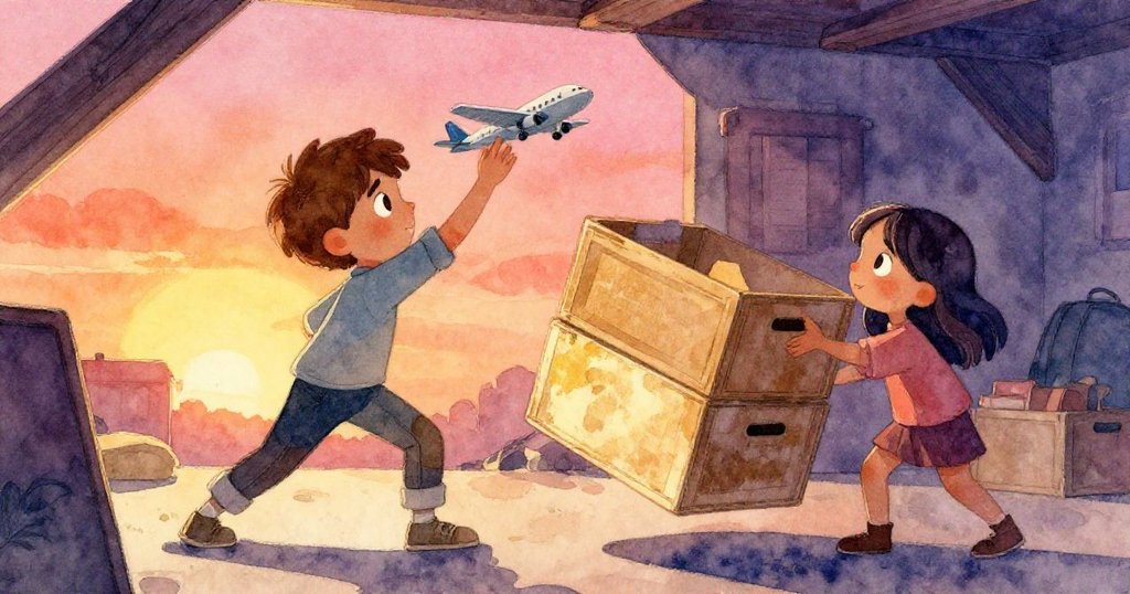 Joel伸手取飛機，Sara穩固木箱，面對巧變動作展現決心與協調，室內暖光與陰影交融彰顯挑戰氛圍。