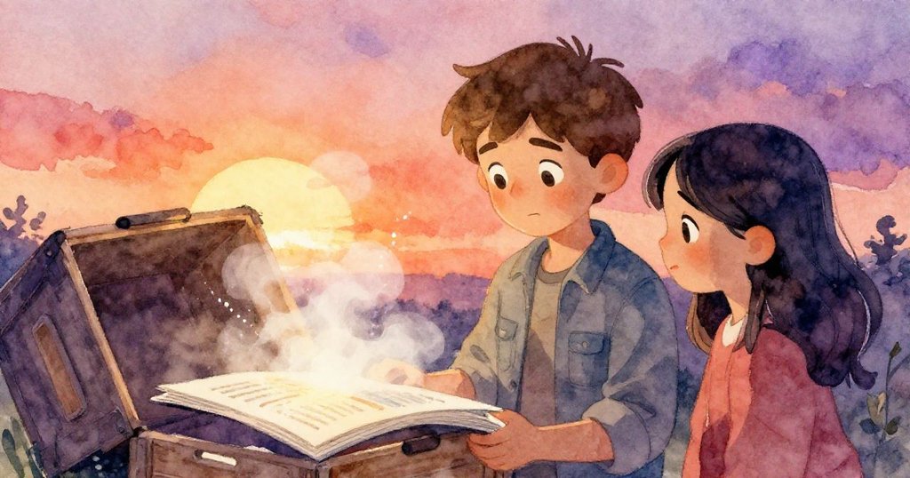 塵埃柔舞中，Joel與Sara相視而笑，象徵團隊信任與堅韌，雜誌支撐木箱定格合作瞬間，氛圍平靜溫暖。