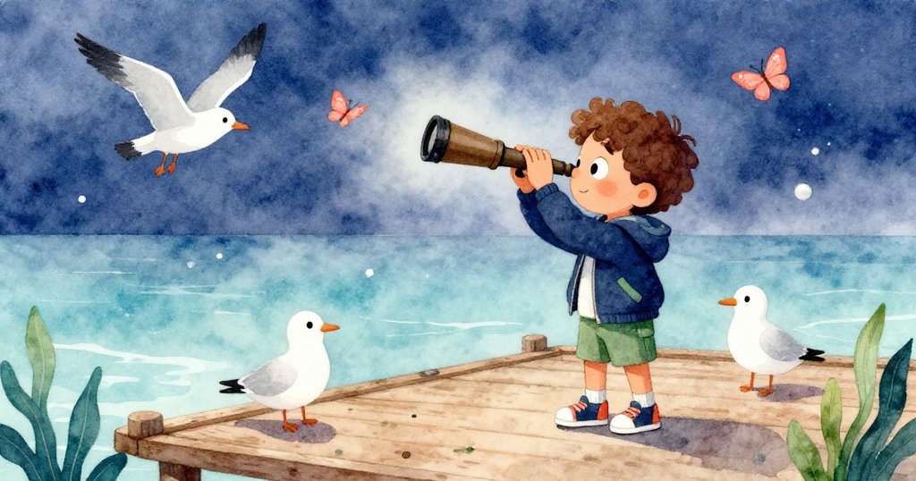 Sam在木製碼頭上操作望遠鏡，周圍有海鷗和蝴蝶飛舞，夜色中充滿驚奇與活力。