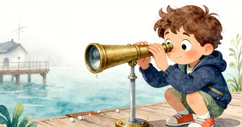 Sam仔細檢查望遠鏡，專注地拧緊螺絲，金屬表面帶有海水鹽霧細節，表情專注。