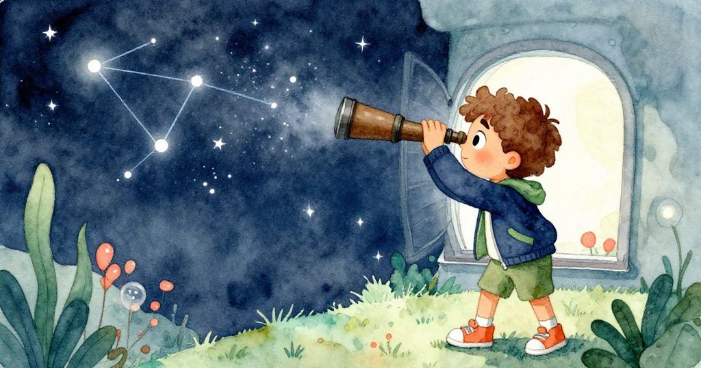 Sam透過望遠鏡凝望星空，窗外星光閃爍，雲層散去，他的眼中盡是驚奇與感動。