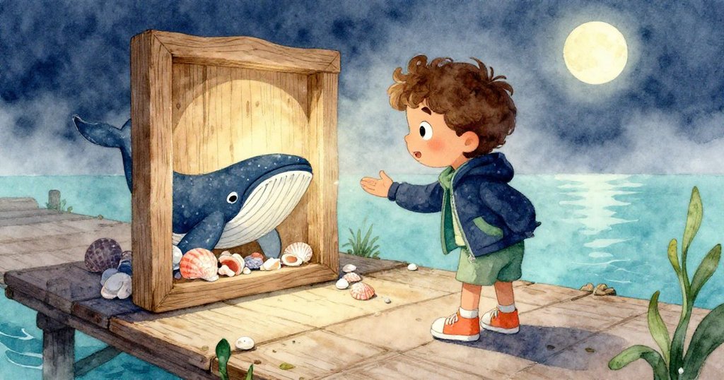 Sam在安靜角落發現刻有鯨魚圖案的神秘木板，小心刷去沙粒，臉上露出驚喜探索的神情。