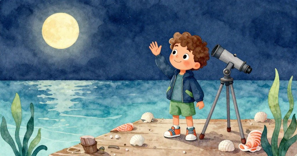 月光柔和下，Sam在平靜碼頭邊穩住望遠鏡，微笑揮手告別冒險夜晚，環境寧靜美好。