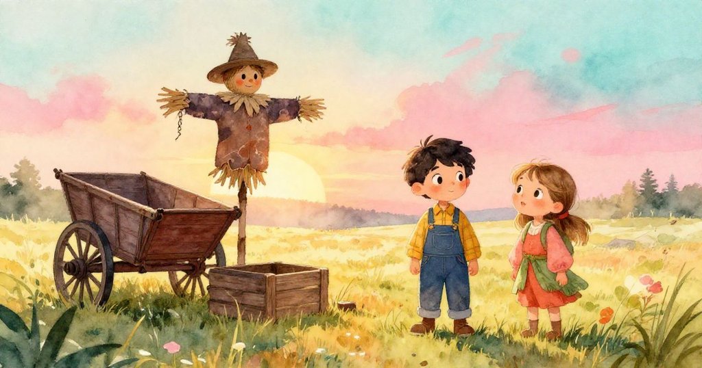 布雷克和迪娜在夕陽染紅的田野中，靠近破舊稻草人和空掉的板條箱，充滿期待與活力