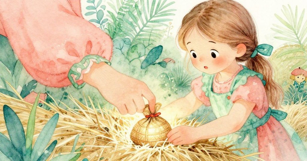 迪娜在稻草堆中蹲下，用柔軟的手輕輕撥開稻草，發現一個精緻的小編織口袋