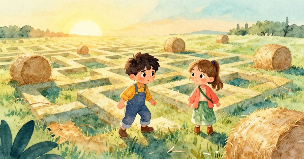 從高處看見布雷克與迪娜在稻草堆中穿行，面孔充滿決心與驚喜，破碎細繩點綴路徑