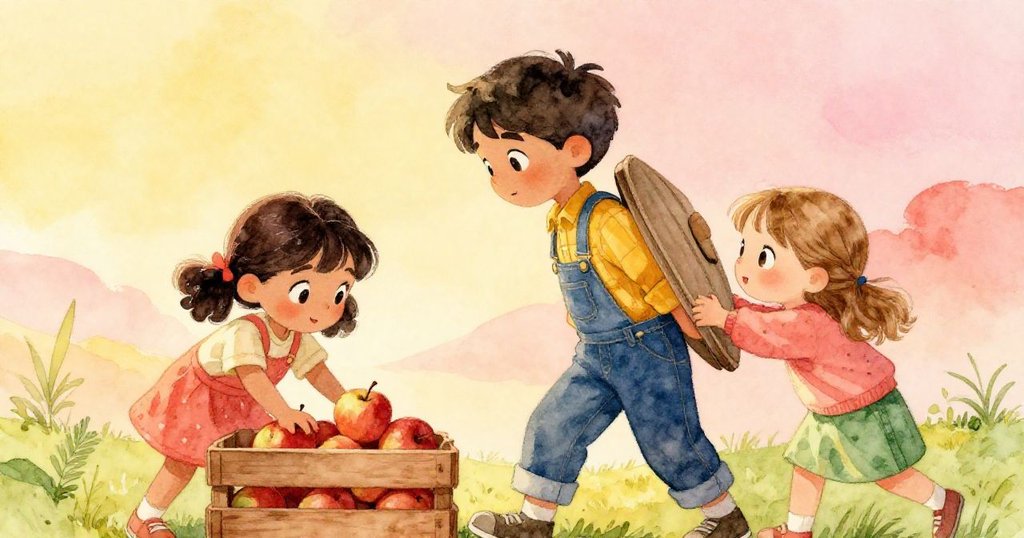 迪娜倒蘋果入箱，布雷克推蓋子完成任務，兩人合作於黃昏微光下忙碌著