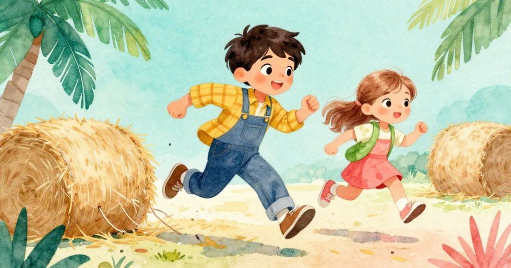 布雷克與迪娜在稻草堆間奔跑跳躍，動作靈活充滿決心，夕陽映襯下充滿活力的追逐場面