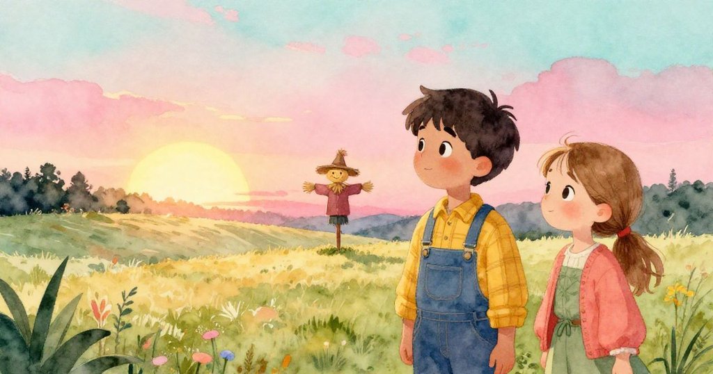 布雷克與迪娜在寧靜田野中互望，僅見稻草人帽仍發著微光，描繪著一天冒險後的平和夜色