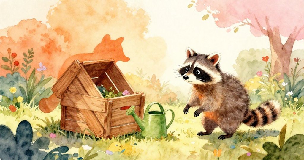 皮普浣熊在暖陽下庭院中，身影映現於明亮背景，正驚訝凝視傾斜木箱與綠色澆水壺，土壤飛濺中展現動感