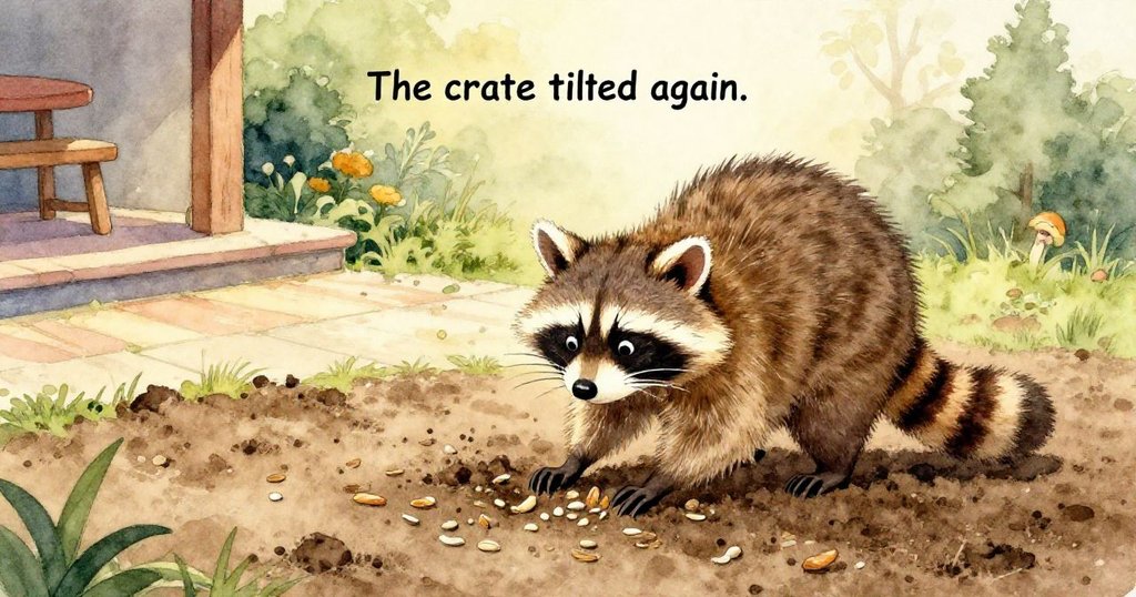 皮普目光專注注視綠色澆水壺，水花飛濺於木箱旁，細緻紋理呈現庭院氛圍，充滿好奇與關心