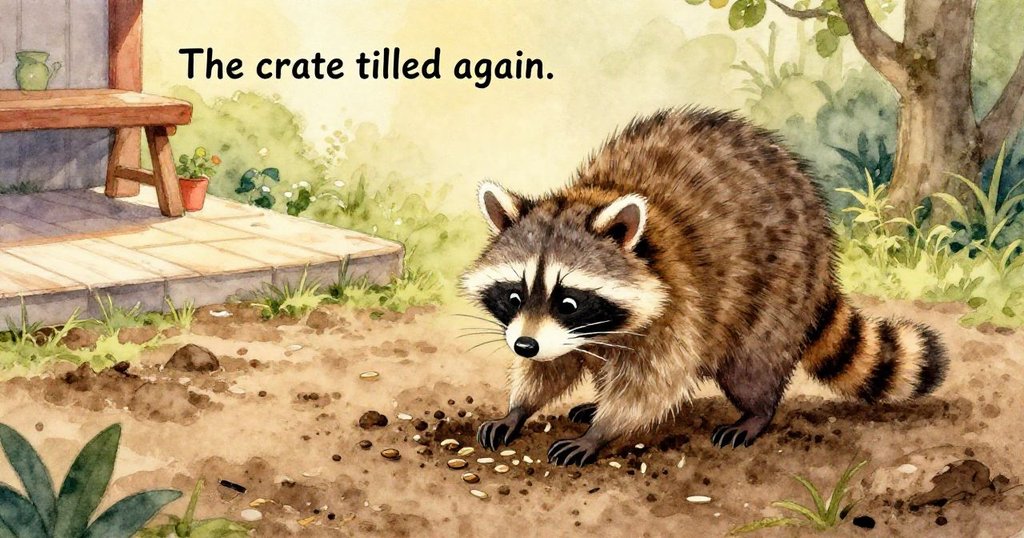 皮普驚愕注視傾歪木箱，綠色澆水壺滑落撞擊塑料卡車及工具飛舞，庭園中動感十足展現變故