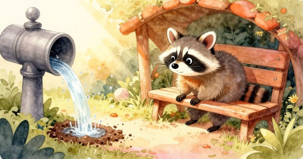 皮普躲藏於長椅下，凝視庭院中水土流向風暴排水口，背景陽光灑落，神情中流露出謹慎與好奇