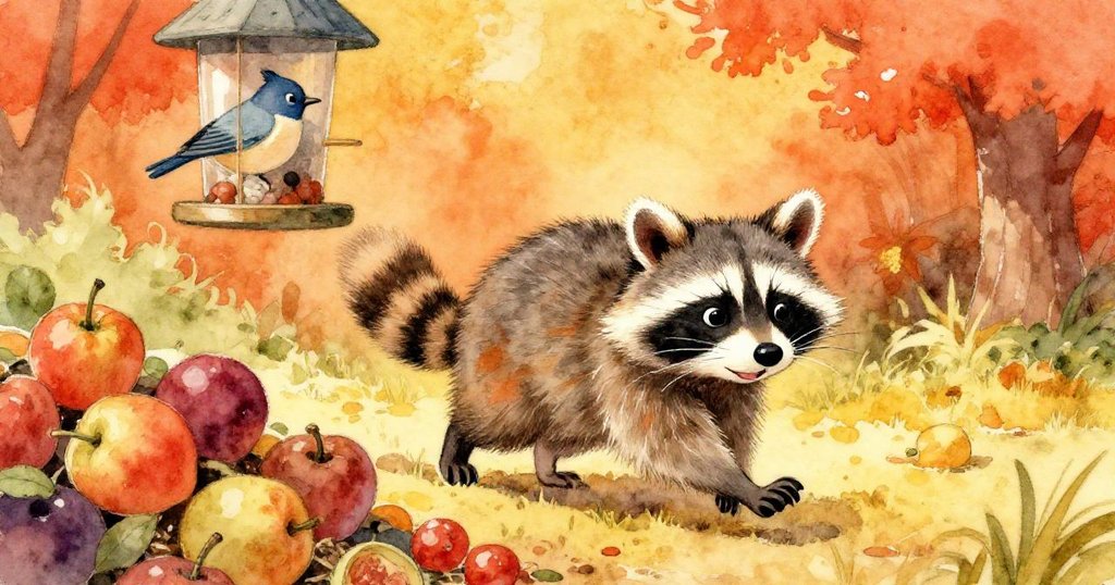 皮普面帶喜悅快步走向堆肥堆，鼻尖捕捉到成熟果香，背景中鳥食器靜懸，庭院充滿溫暖活力