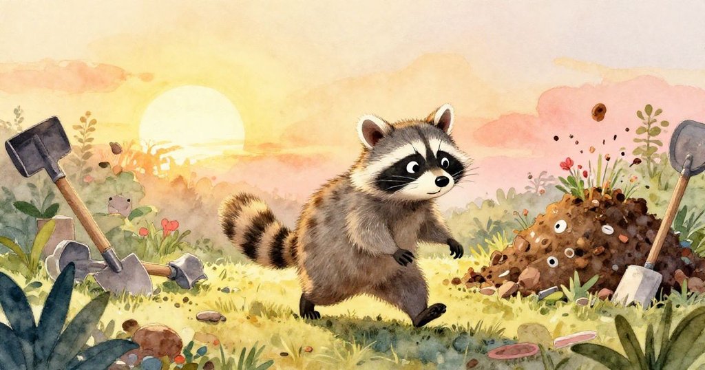 皮普在夕陽金光中離開凌亂庭院，步伐堅定穿過散落工具向堆肥堆走去，背景夕陽燦爛，展現希望與溫暖