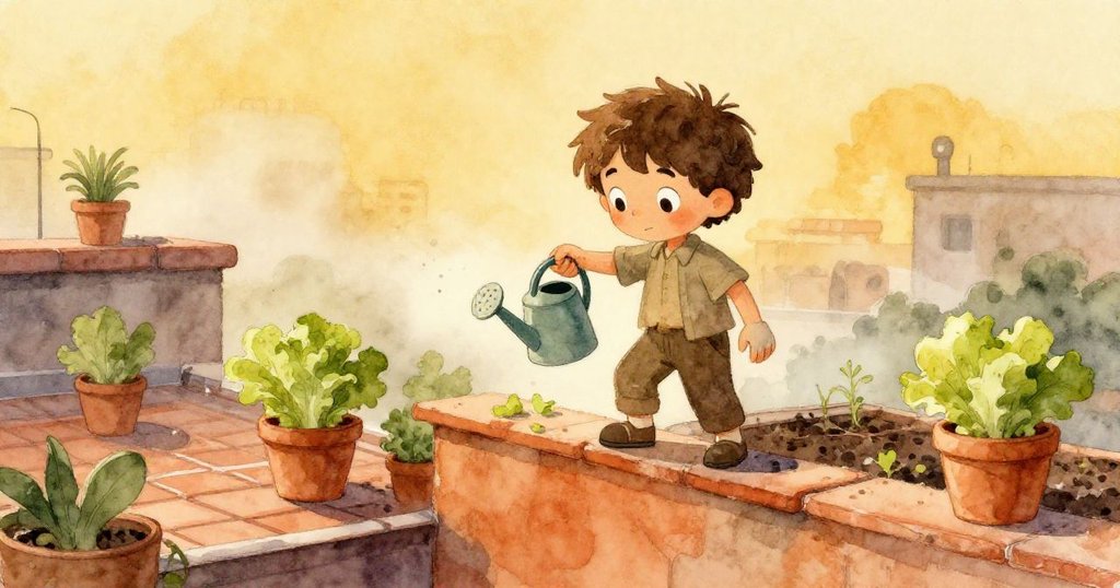 Grey走上屋頂低牆，手持澆水壺，清晨薄霧中，生菜盆排列旁邊，臉上流露期待神情