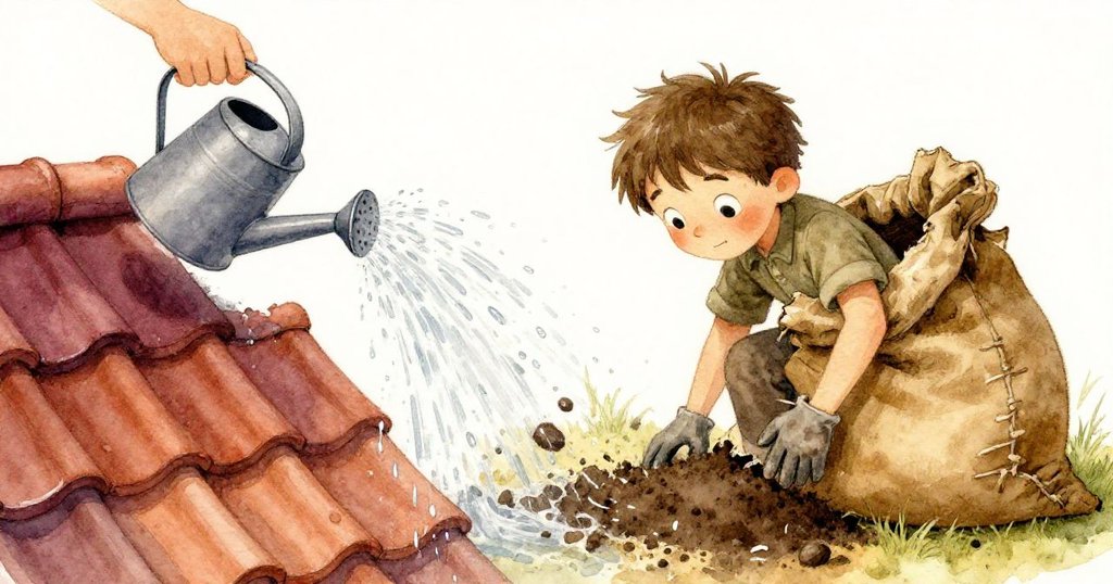 左側風起水濺，澆水壺水花四濺；右側土袋裂開，灰色正準備應對突發狀況