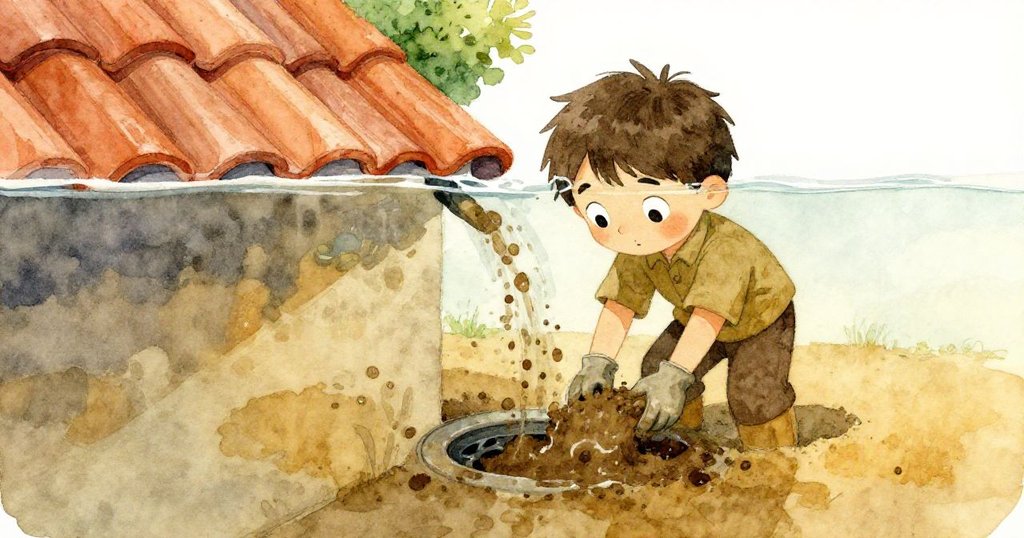 從水下視角看濕潤瓷磚，水透光閃爍，Grey忙著清理堵塞的排水溝，神情堅定