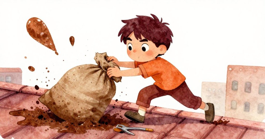 Grey奔跑中迅速推開下垂的土袋，泥濘飛濺，他專注且充滿活力展現解決問題的決心