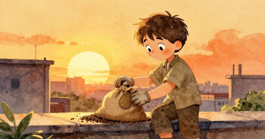 夕陽下，Grey安靜地整理破損的土袋並放置青銅鷹徽，天空金光閃爍，整個屋頂恢復平靜