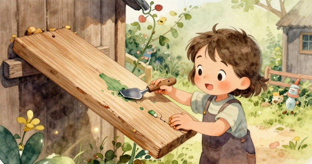 Sage專注於塗抹綠漆的木板上，手指沾著樹膠，細膩質感展現冒險發展過程。