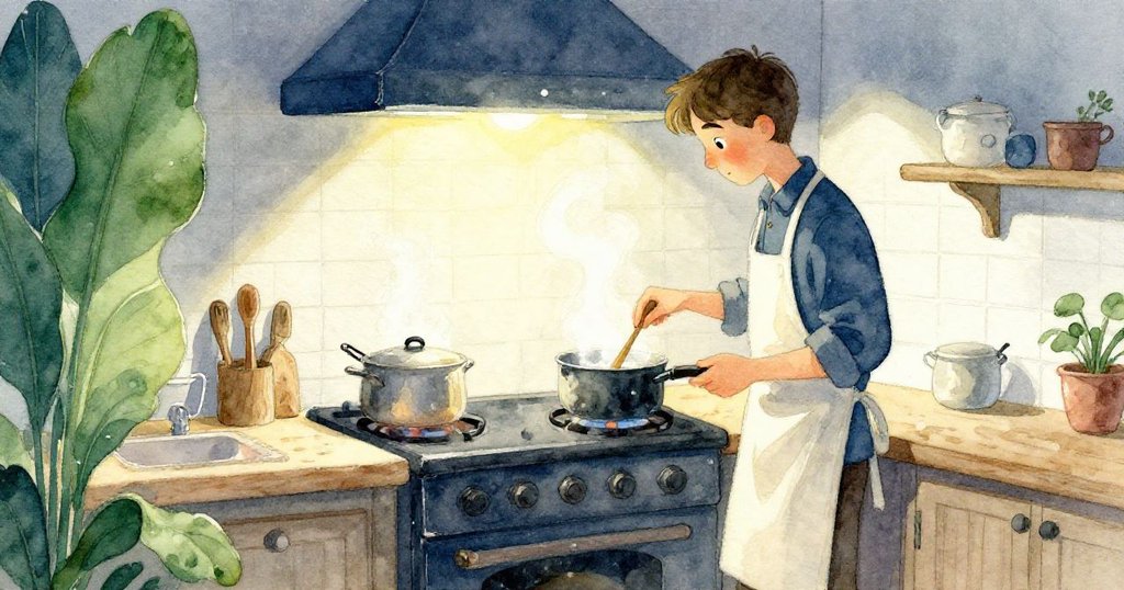 Ivan 正在廚房溫暖光影中輕輕攪拌果醬，泡泡飛溢，神情專注而平靜，氛圍寧靜開始故事。