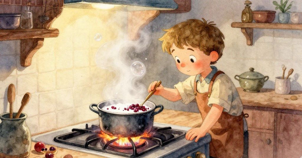 鋼鍋中澎湃氣泡閃爍，果醬細節清晰展現，Ivan 正認真觀察，溫馨專注製作過程。