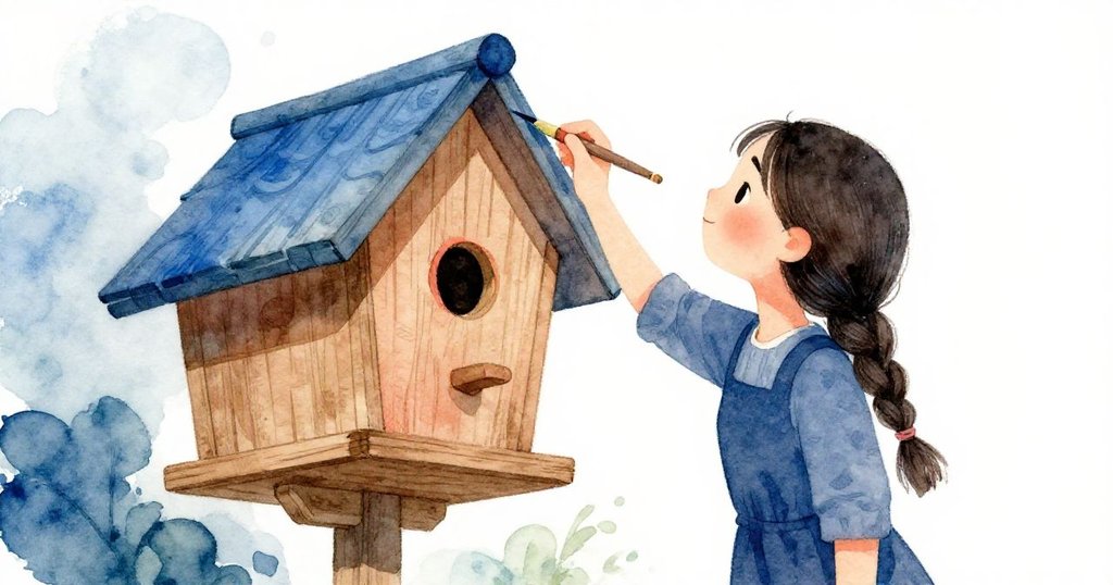 低角度展現 Hana 仔細刷畫鳥屋屋頂，藍色顏料流動如溪水，臉上充滿創意愉悅神情。