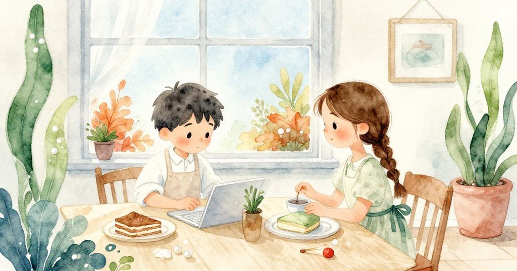 窗外秋意隱現，室內溫暖光影交錯，Ivan 與 Hana 在忙碌中享受寧靜家庭時光。