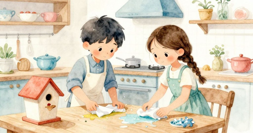 安靜收尾時 Hana 小心滑動鳥屋並遞上抹布，Ivan 平靜修整，溫馨合作完成工作。