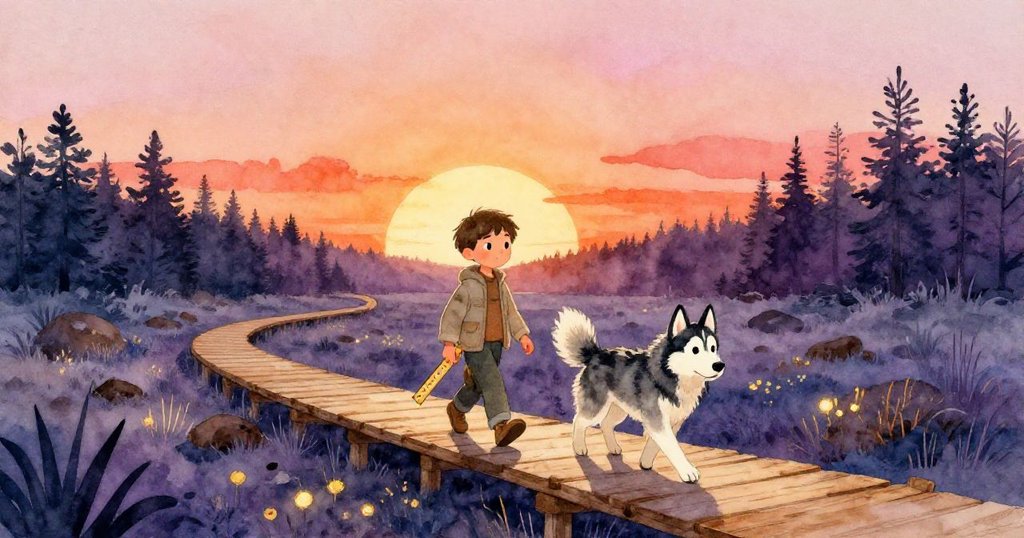 黎明時分，Rafe提著木尺與Flake在濕潤泥炭木板路上探險，專注而充滿期待，背景散發溫暖的晨光。