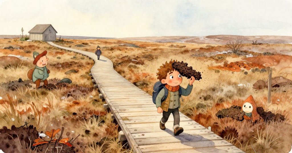 Rafe專注地觀看紫苔上的露珠，眼中閃爍著驚奇與好奇，手握木尺，情感細膩呈現自然探索。