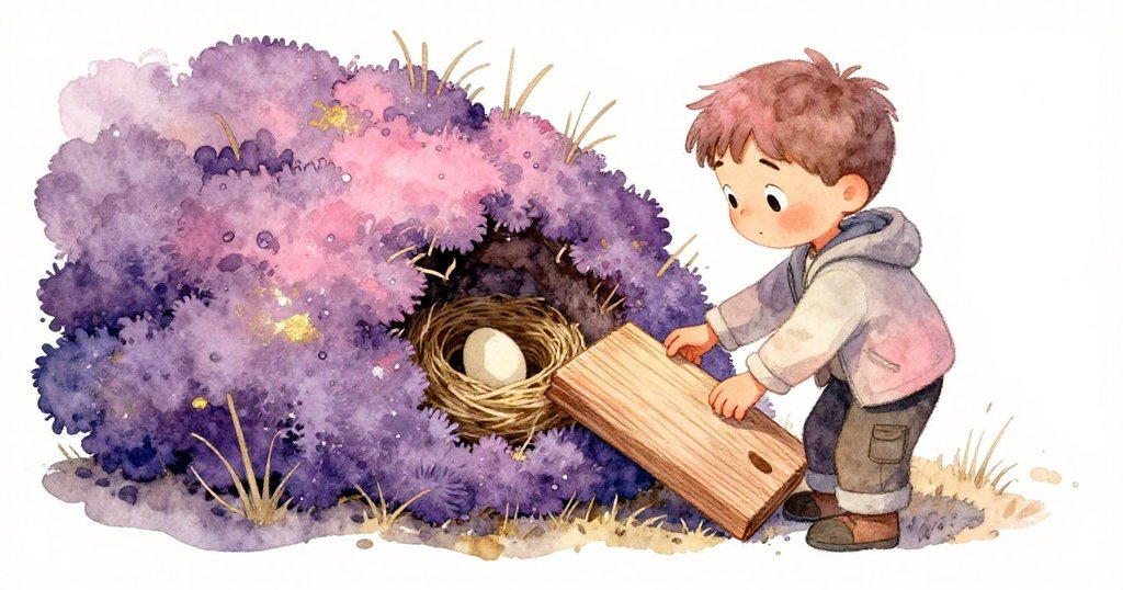 Rafe在傾斜的視角中發現紫苔下被乾草掀起的小鳥巢，神情充滿新奇與謹慎，背景呈現神秘的自然細節。