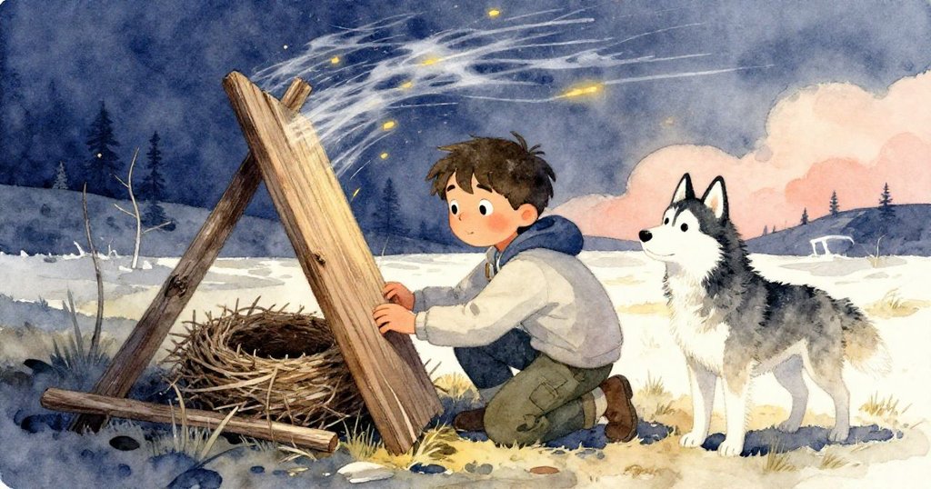 Rafe蹲下調整木板保護小鳥巢，Flake在旁警覺注視，狂風動感中充滿專注與緊張氣氛。