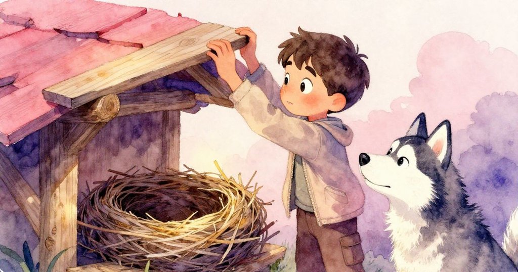 Rafe果斷調整木板形成遮蔽保護小鳥巢，Flake好奇注視，溫暖光影中展現決心與關愛。