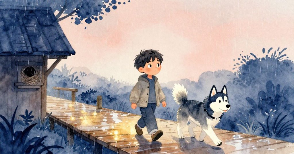 Rafe與Flake在雨中繼續前行，濕潤木板隱藏鳥巢，雨滴模糊步跡，場景展現寧靜結尾與堅定信念。