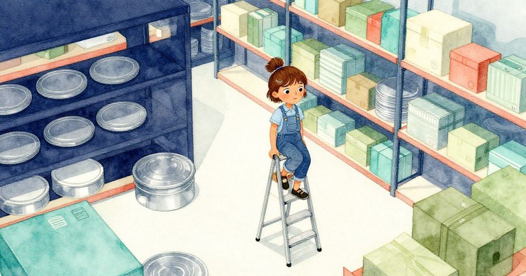 格蕾塔在室內儲藏室攀爬梯凳，從高處俯瞰見散落金屬蓋與紙箱，充滿專注與期待的情緒，現代感強烈。