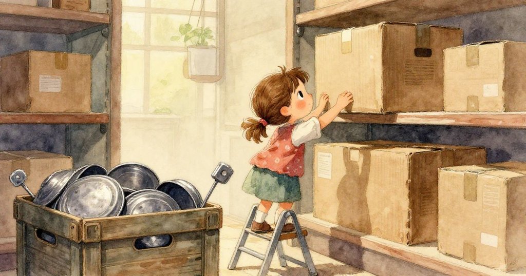 毛絨猴子隨紙箱爆開飛散，種子包在半空中散落，格蕾塔旁邊驚訝注視，充滿意外與動感。