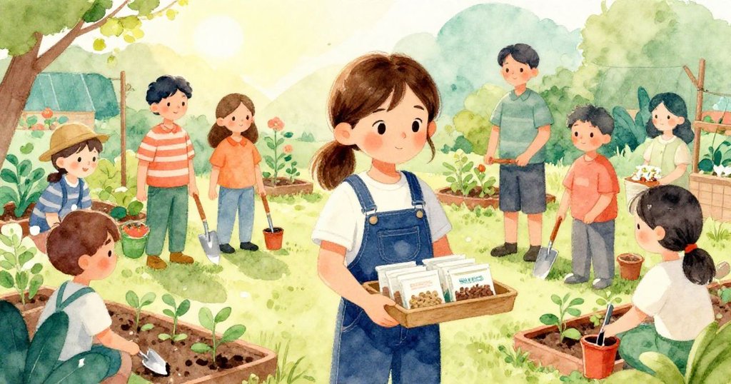 格蕾塔在社區花園中提著種子盤前進，陽光下與成員們準備種植小鋤頭耕耘，氛圍充滿希望與活力。