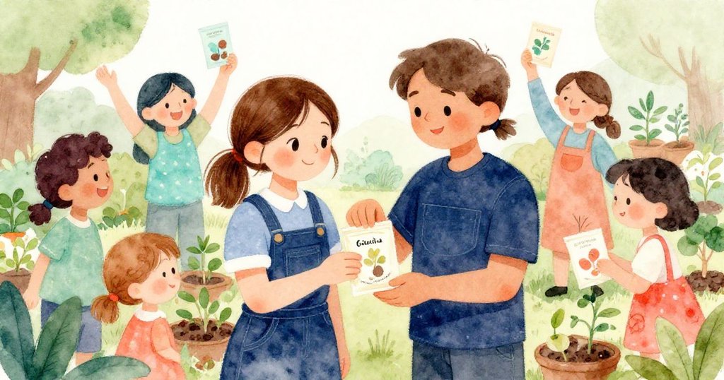格蕾塔與社區成員在花園中歡聚，大家分享種子包，臉上充滿喜悅，展現團結與慶祝的溫暖氛圍。